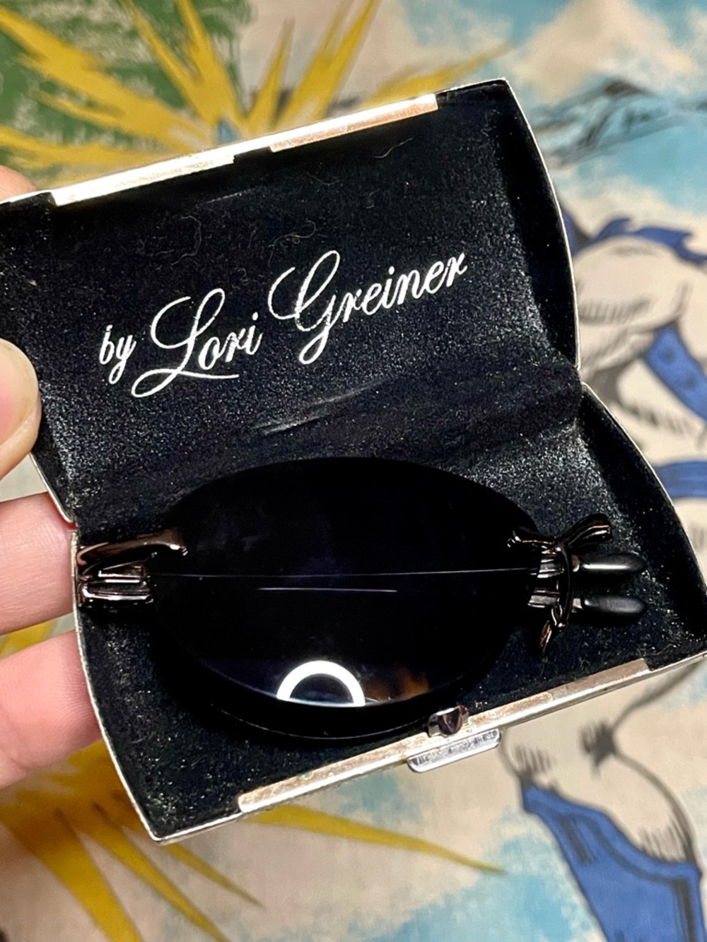 1980s Lori Greiner Gun Metal Oval Foldable Sunglasses